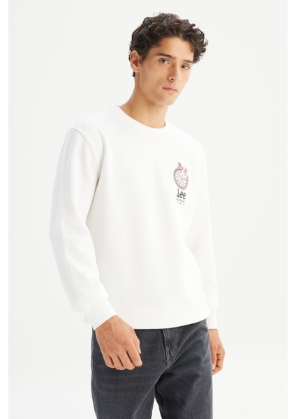 Regular Fit Normal Kesim Bisiklet Yaka Baskılı Kırık Beyaz Sweatshirt