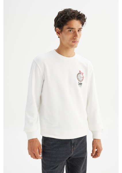 Regular Fit Normal Kesim Bisiklet Yaka Baskılı Kırık Beyaz Sweatshirt modelleri