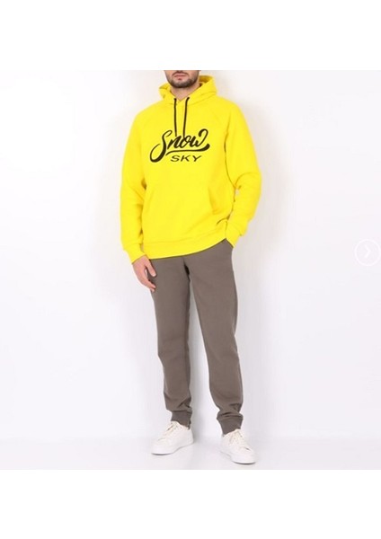 Sky Yazılı Içi Polar Köpüşonlu Kanguru Cepli Sweatshirt Sarı