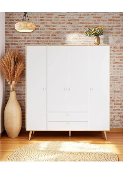 Tema 4 Kapaklı Çekmeceli Dolap – Elbise Dolabı | Iskandinav Tasarım, Kahverengi 160 cm