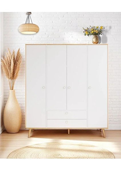 Tema 4 Kapaklı Çekmeceli Dolap – Elbise Dolabı | Iskandinav Tasarım, Kahverengi 160 cm modelleri