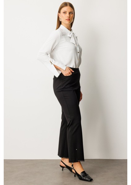 Kadın Büyük Beden Paçası Taşlı Dantelli Pantolon 1091 Siyah