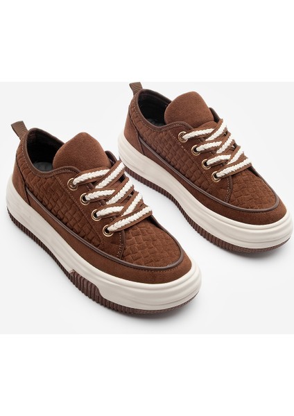 Kadın Yüksek Taban Sneaker Keten Kumaş Bağcıklı Spor Ayakkabı Hesna Kahve Süet indirimleri