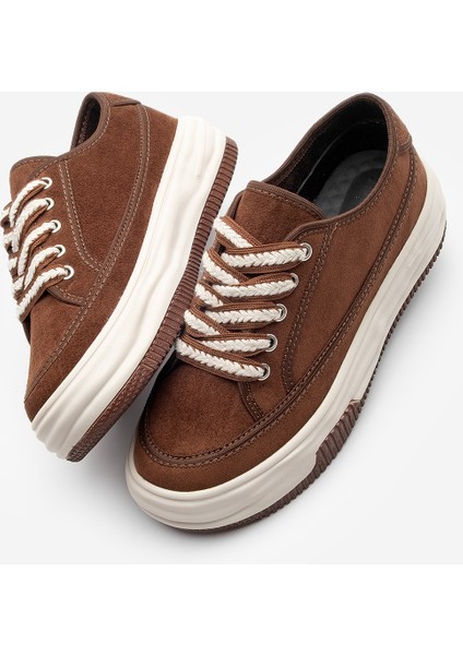 Kadın Sneaker Yüksek Taban Bağcıklı Bez Spor Ayakkabı Kotnel Kahve Süet