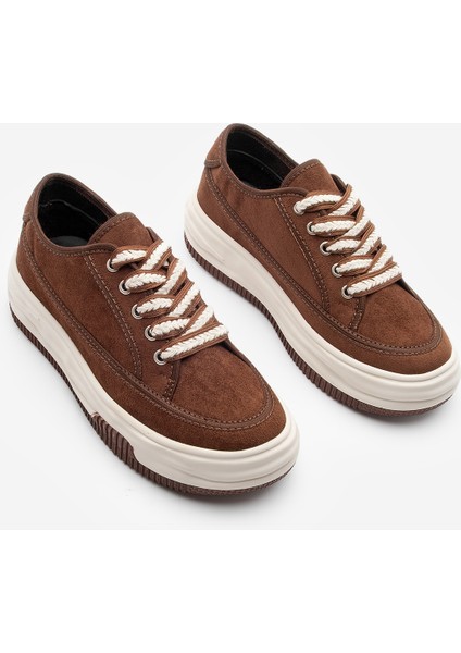 Kadın Sneaker Yüksek Taban Bağcıklı Bez Spor Ayakkabı Kotnel Kahve Süet indirimleri