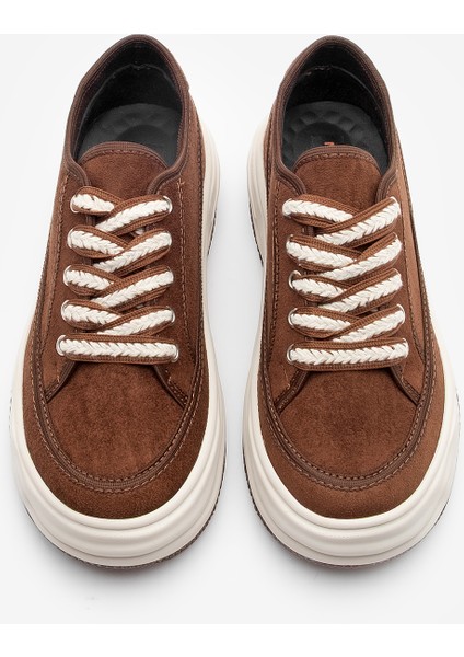 Kadın Sneaker Yüksek Taban Bağcıklı Bez Spor Ayakkabı Kotnel Kahve Süet
