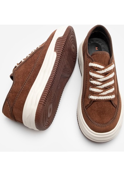 Kadın Sneaker Yüksek Taban Bağcıklı Bez Spor Ayakkabı Kotnel Kahve Süet