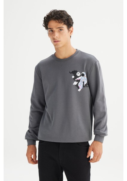 Regular Fit Normal Kesim Bisiklet Yaka Baskılı Antrasit Sweatshirt