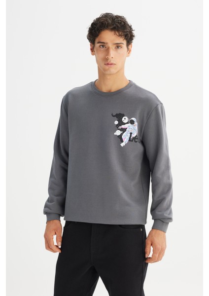 Regular Fit Normal Kesim Bisiklet Yaka Baskılı Antrasit Sweatshirt modelleri