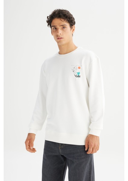 Regular Fit Normal Kesim Bisiklet Yaka Baskılı Kırık Beyaz Sweatshirt modelleri