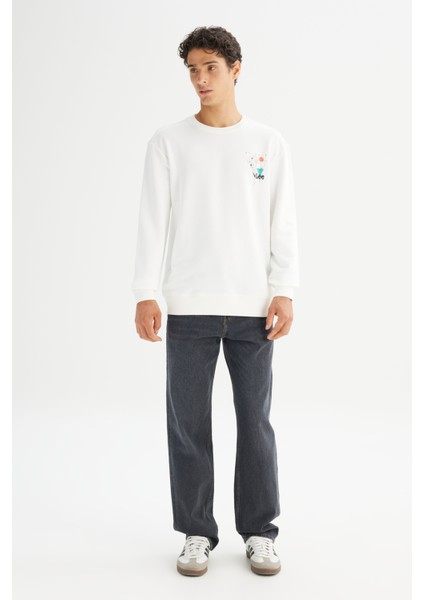 Regular Fit Normal Kesim Bisiklet Yaka Baskılı Kırık Beyaz Sweatshirt fiyatları