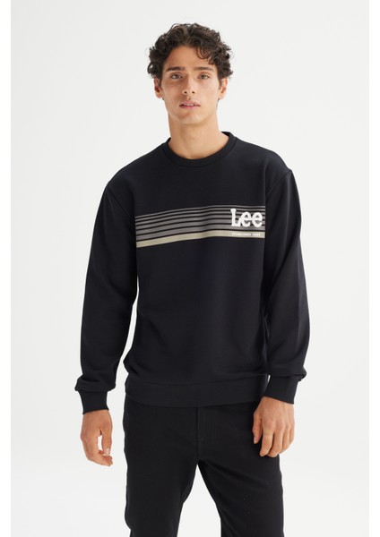 Regular Fit Normal Kesim Bisiklet Yaka Baskılı Siyah Sweatshirt