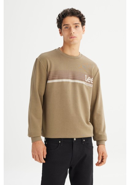 Regular Fit Normal Kesim Bisiklet Yaka Baskılı Haki Sweatshirt