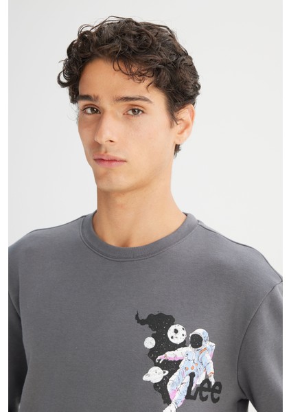 Regular Fit Normal Kesim Bisiklet Yaka Baskılı Antrasit Sweatshirt fırsatları