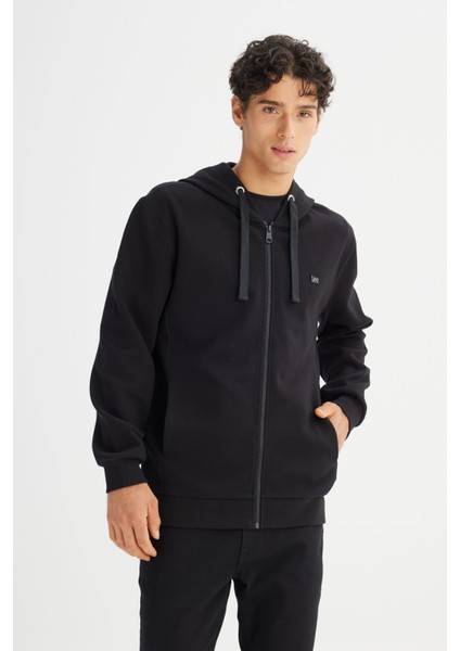 Regular Fit Normal Kesim Kapüşonlu Fermuarlı Siyah Sweatshirt Ceket
