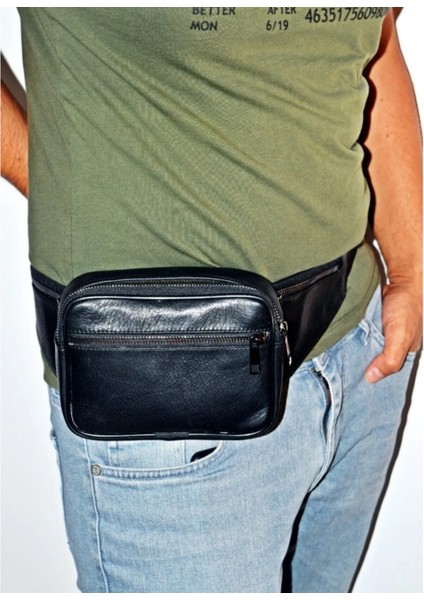 Unisex Siyah Deri Bel Omuz Çantası