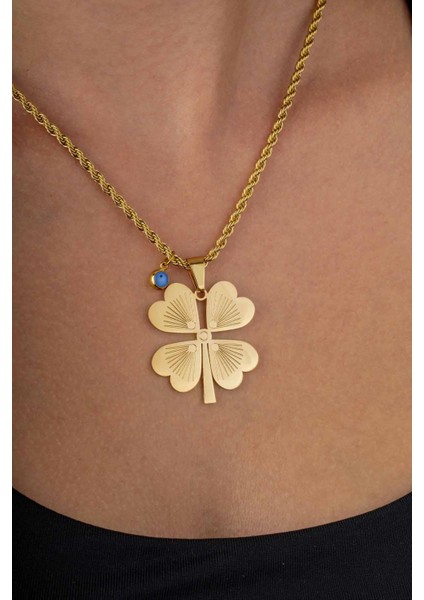 4 Yapraklı Altın Kaplama Burgu Zincir Kadın Çelik Kolye