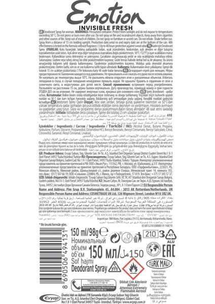 Emotion Invisible Fresh Black & White Kadın Deodorant 150ML Vegan, Leke Bırakmaz