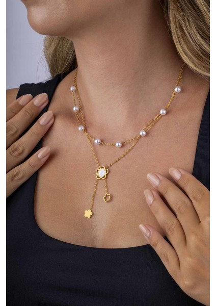 Altın Kaplama Inci Taneli Yonca Motifli Kadın Çelik Kolye