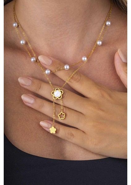 Altın Kaplama Inci Taneli Yonca Motifli Kadın Çelik Kolye fiyatları