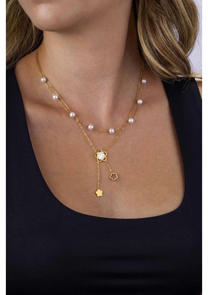 Altın Kaplama Inci Taneli Yonca Motifli Kadın Çelik Kolye modelleri