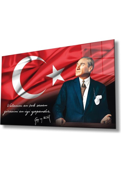 Atatürk Portre Cam Tablo Vatanını En Çok Seven Görevini En Iyi Yapandır Kurum Hediyelik Büyük Tablo fiyatları