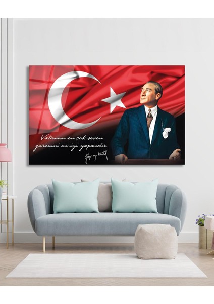 Atatürk Portre Cam Tablo Vatanını En Çok Seven Görevini En Iyi Yapandır Kurum Hediyelik Büyük Tablo modelleri