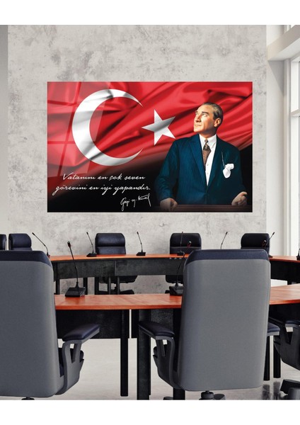 Atatürk Portre Cam Tablo Vatanını En Çok Seven Görevini En Iyi Yapandır Kurum Hediyelik Büyük Tablo