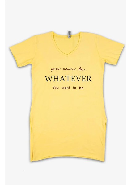 Kadın Sarı Yazılı V Yaka Tişört indirimleri