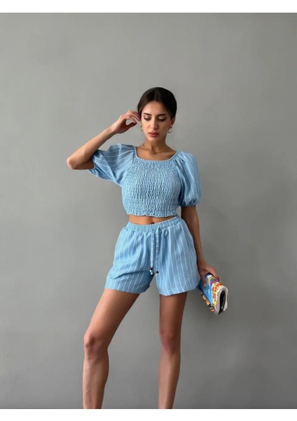 Kadın Mavi Ikili Keten Crop Şort Astarlı Alt Üst Takım indirimleri