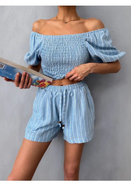 Kadın Mavi Ikili Keten Crop Şort Astarlı Alt Üst Takım
