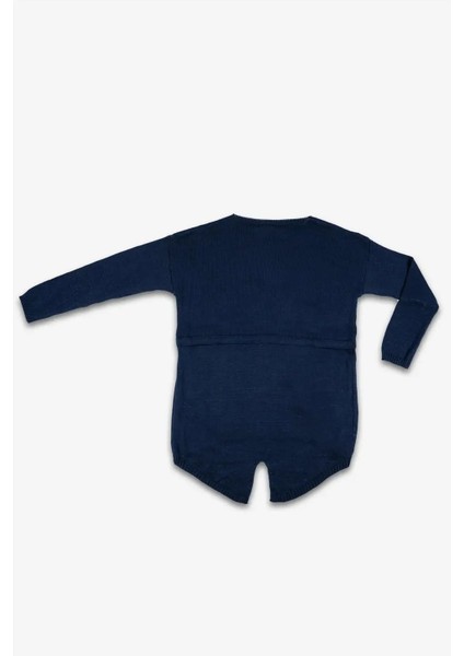 Kadın Lacivert Arkası Uzun Bel Ipli Boncuk Işlemeli Kazak