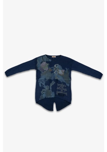 Kadın Lacivert Arkası Uzun Bel Ipli Boncuk Işlemeli Kazak