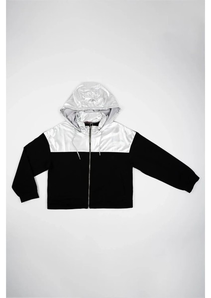 Kadın Siyah Üstü Lame Fermuarlı Kapşonlu Sweatshirt indirimleri