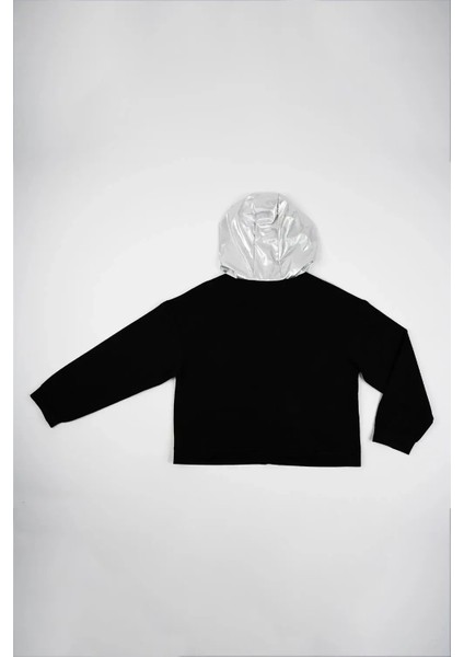 Kadın Siyah Üstü Lame Fermuarlı Kapşonlu Sweatshirt