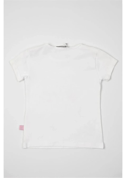 Kız Bebek Beyaz Kedi Detaylı Meow Yazılı Yazlık Tişört