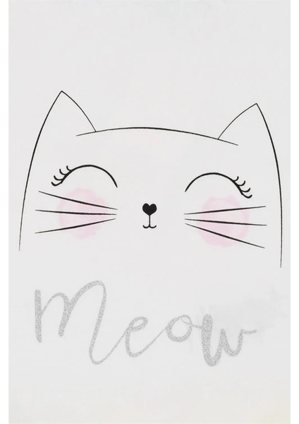 Kız Bebek Beyaz Kedi Detaylı Meow Yazılı Yazlık Tişört