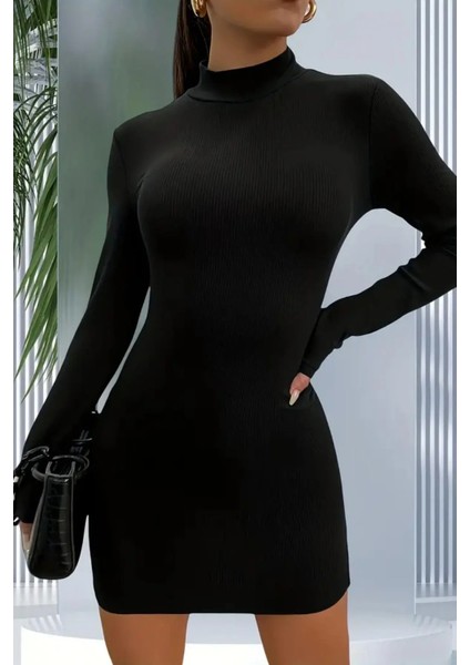 Kadın Siyah Dik Yaka Bodycon Kaşkorse Mini Elbise indirimleri