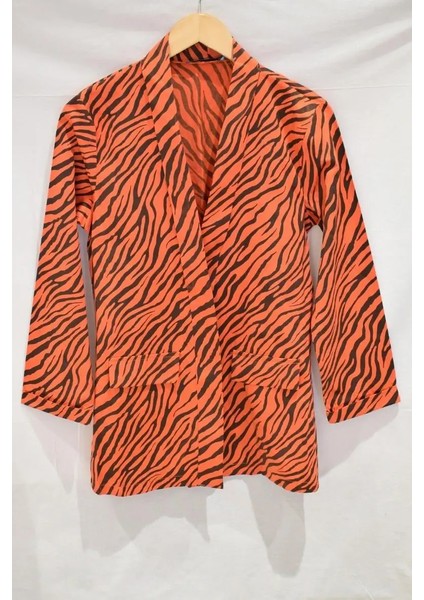 Kadın Turuncu Siyah Çizgi Desenli Cep Detaylı Ceket indirimleri