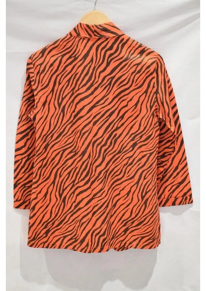 Kadın Turuncu Siyah Çizgi Desenli Cep Detaylı Ceket