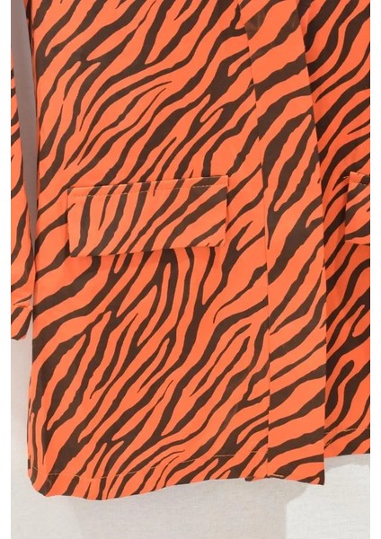 Kadın Turuncu Siyah Çizgi Desenli Cep Detaylı Ceket