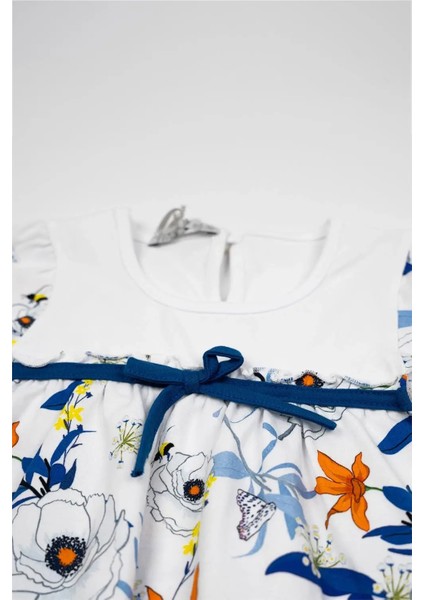 Kız Bebek Mavi Çiçek Desenli Elbise Tayt Yazlık Takım