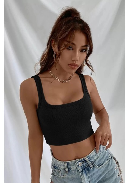 Kadın Top Büstiyer Siyah Kalın Askılı Crop