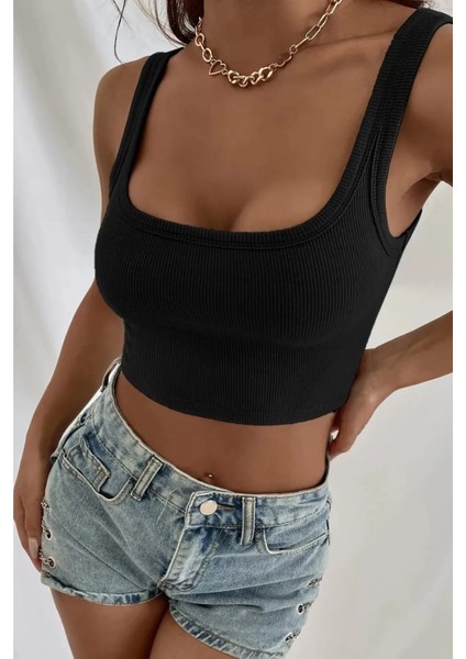 Kadın Top Büstiyer Siyah Kalın Askılı Crop