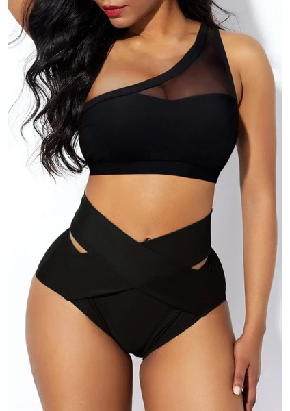 Kadın Siyah Yüksel Bel Tül Detaylı Sütyen Külot Iç Çamaşır Takımı