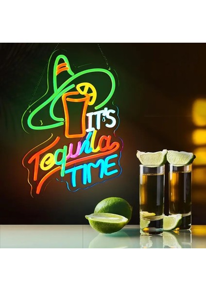 Neontürk Canlı Meksika Hasır Şapka ve Limon Duvar Dekoru - Tequila Time Neon Tabela