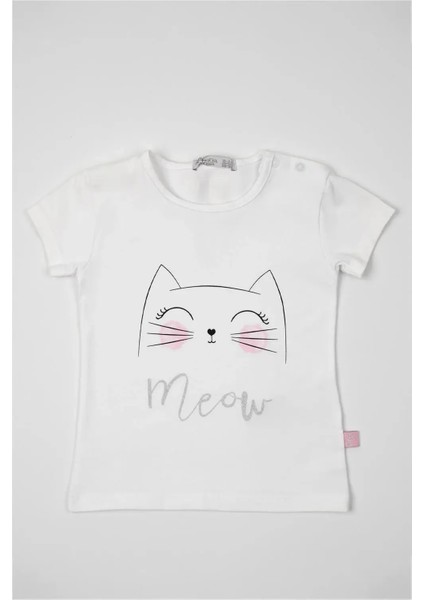 Kız Bebek Beyaz Kedi Detaylı Meow Yazılı Yazlık Tişört