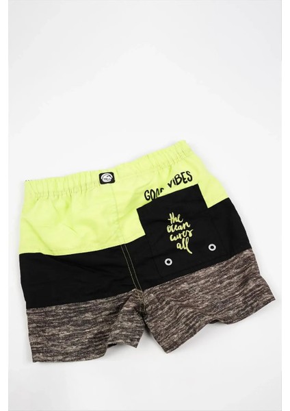 Erkek Çocuk Fıstık Yeşili Siyah Gri Şerit Detaylı Şort Mayo