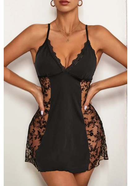 Kadın Siyah Renk Çapraz Sırt Dekolteli Transparan Dantelli Gecelik indirimleri