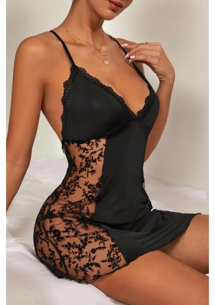 Kadın Siyah Renk Çapraz Sırt Dekolteli Transparan Dantelli Gecelik